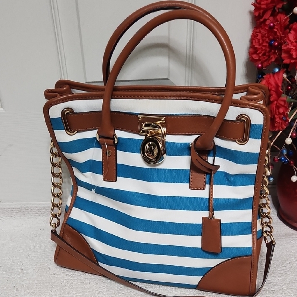 Michael Kors Blue and White Satchel with Nautical Stripes